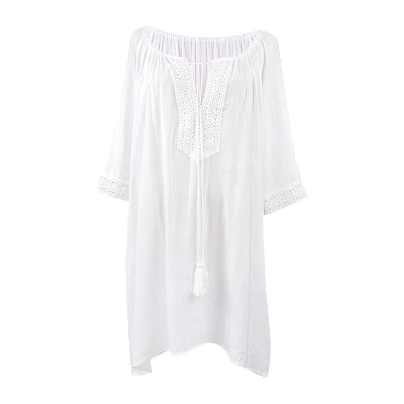 European and American new style cotton lace plus size loose bikini swimsuit outer blouse beach sun protection coverall women's holiday wear