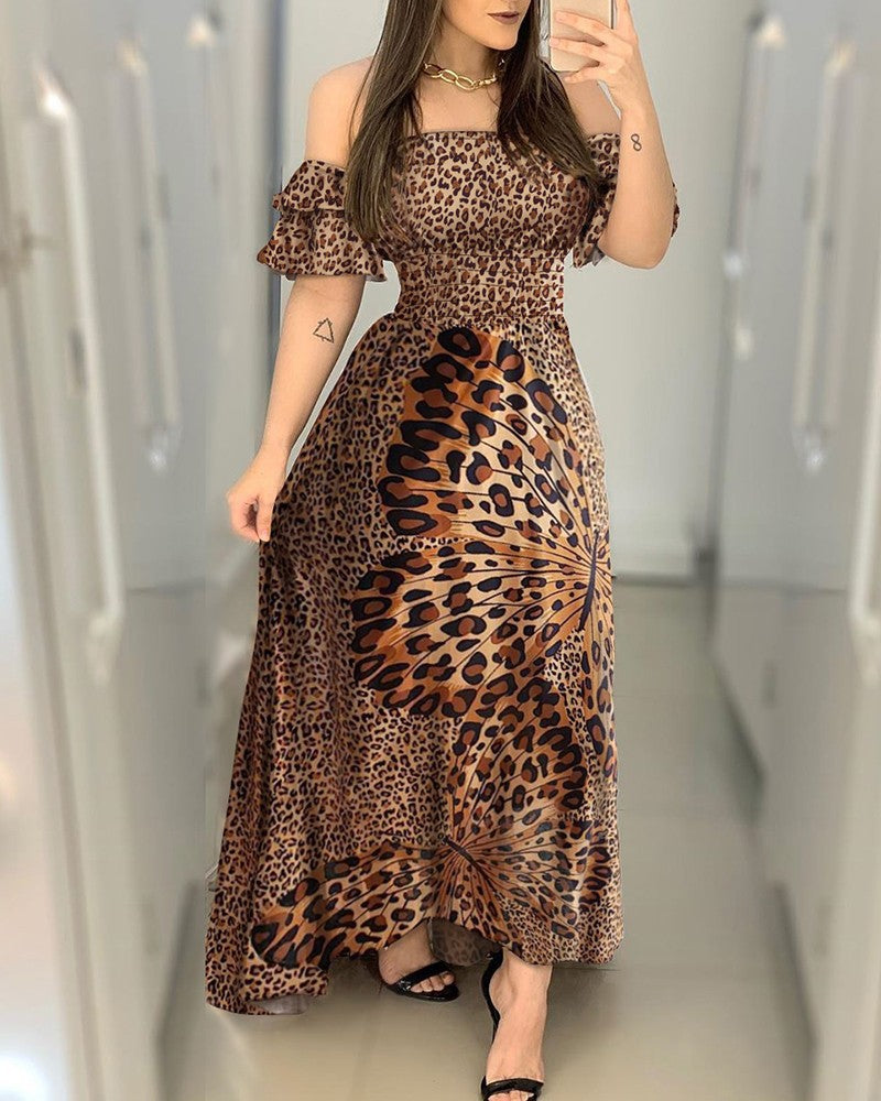 European and American dress off-shoulder wrapped chest butterfly printed waist large pendulum evening dress lotus leaf sleeve Amazon dress wholesale