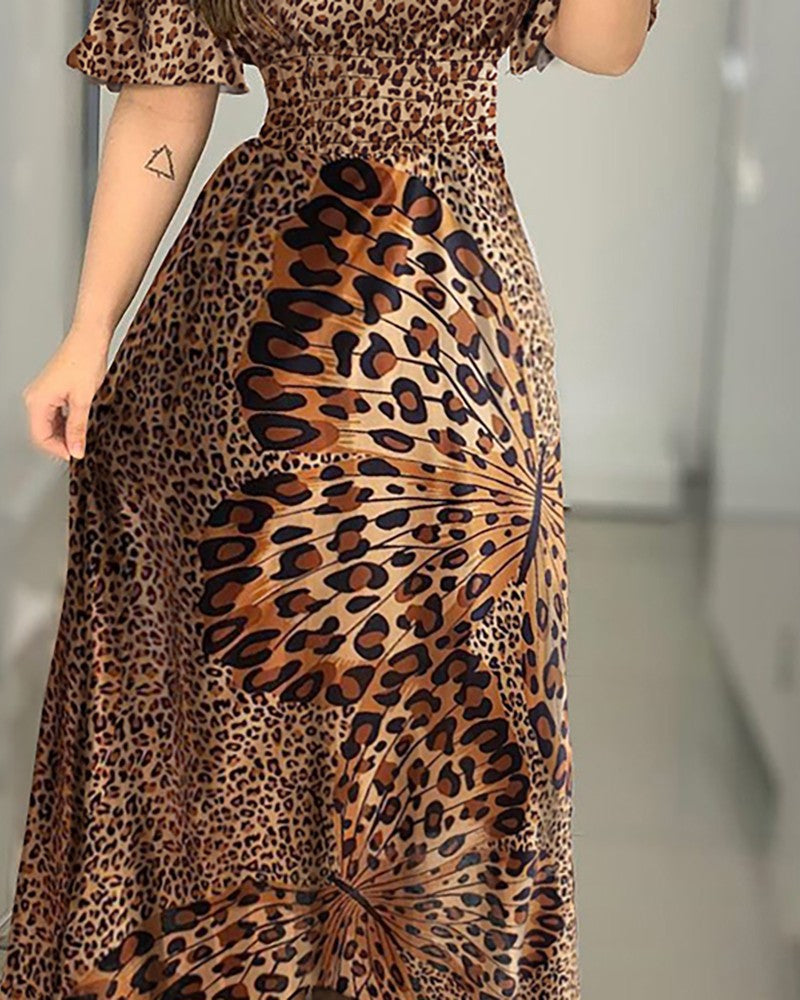 European and American dress off-shoulder wrapped chest butterfly printed waist large pendulum evening dress lotus leaf sleeve Amazon dress wholesale