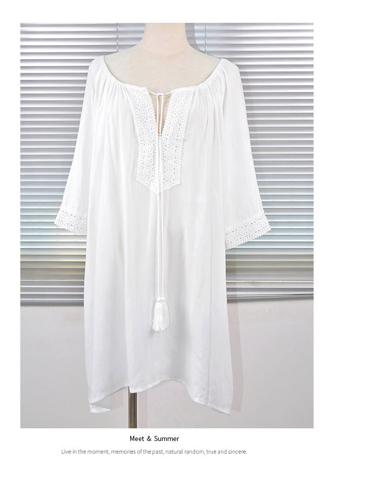 European and American new style cotton lace plus size loose bikini swimsuit outer blouse beach sun protection coverall women's holiday wear