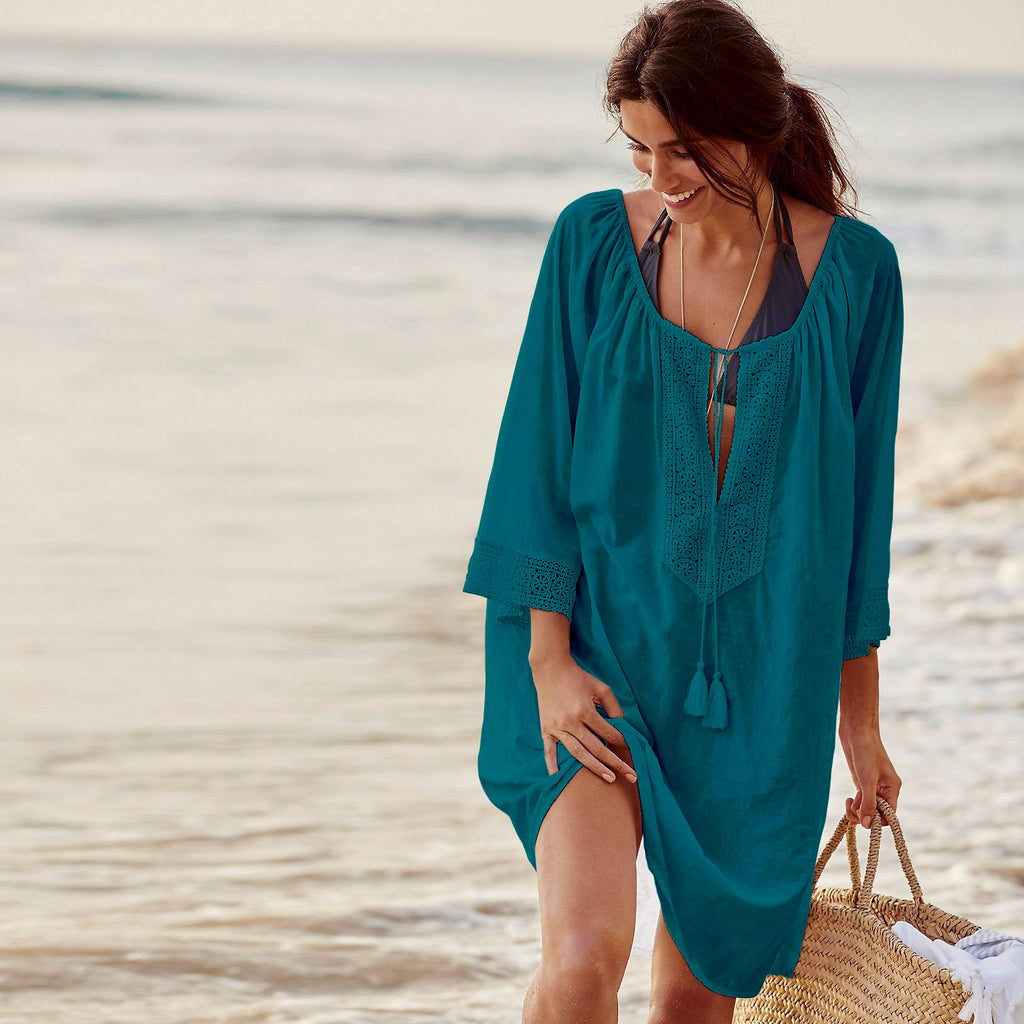 European and American new style cotton lace plus size loose bikini swimsuit outer blouse beach sun protection coverall women's holiday wear