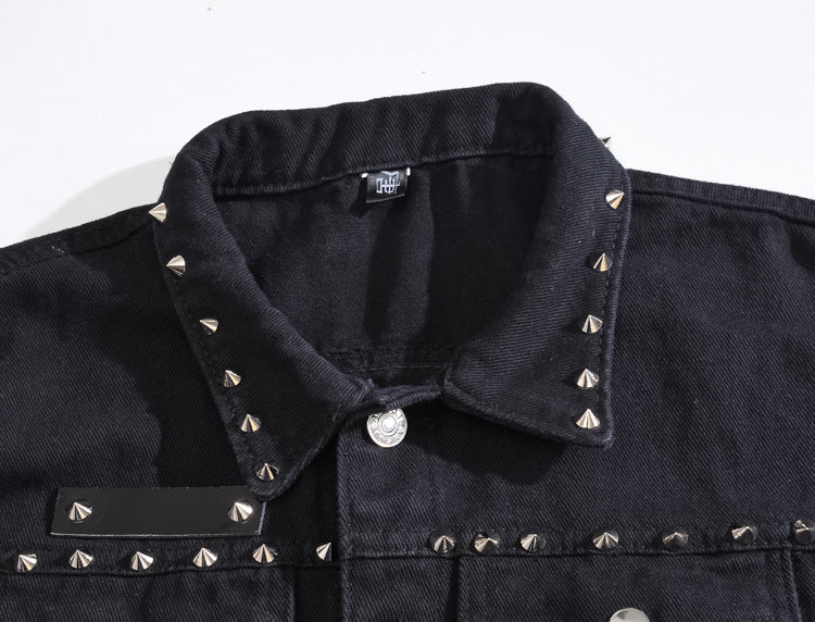 Trendy men's spring/summer autumn black Denim vest trendy cool rivet plus size vest Korean style personalized vest waistcoat