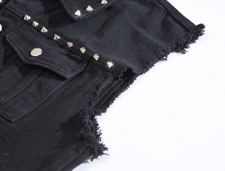 Trendy men's spring/summer autumn black Denim vest trendy cool rivet plus size vest Korean style personalized vest waistcoat
