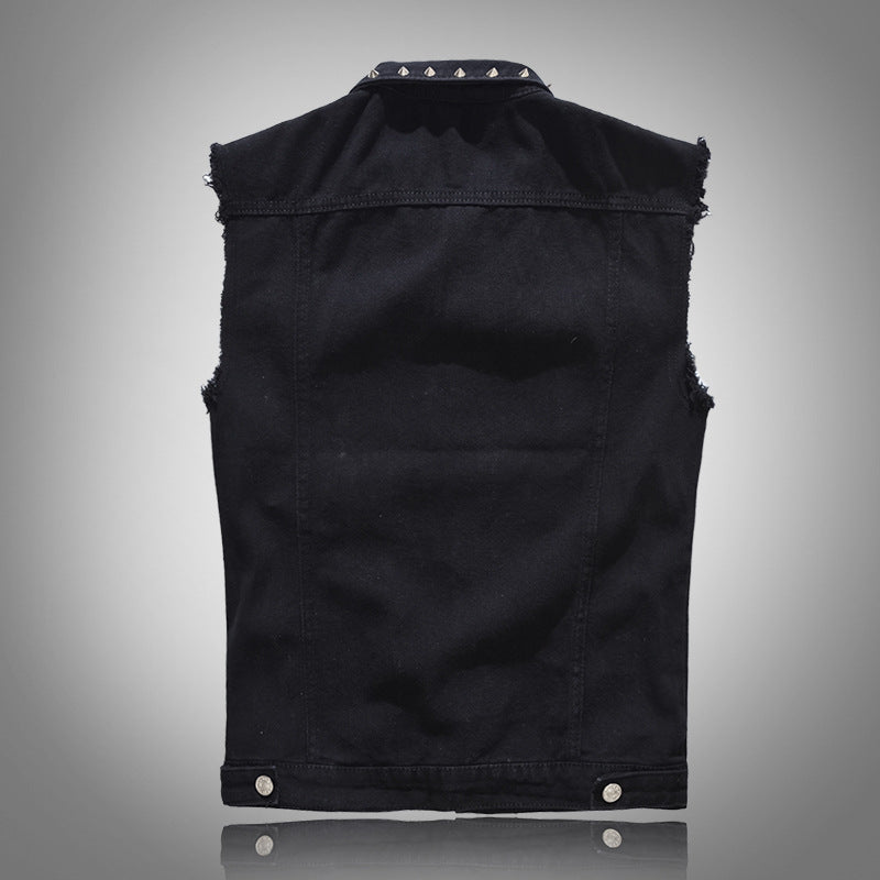 Trendy men's spring/summer autumn black Denim vest trendy cool rivet plus size vest Korean style personalized vest waistcoat