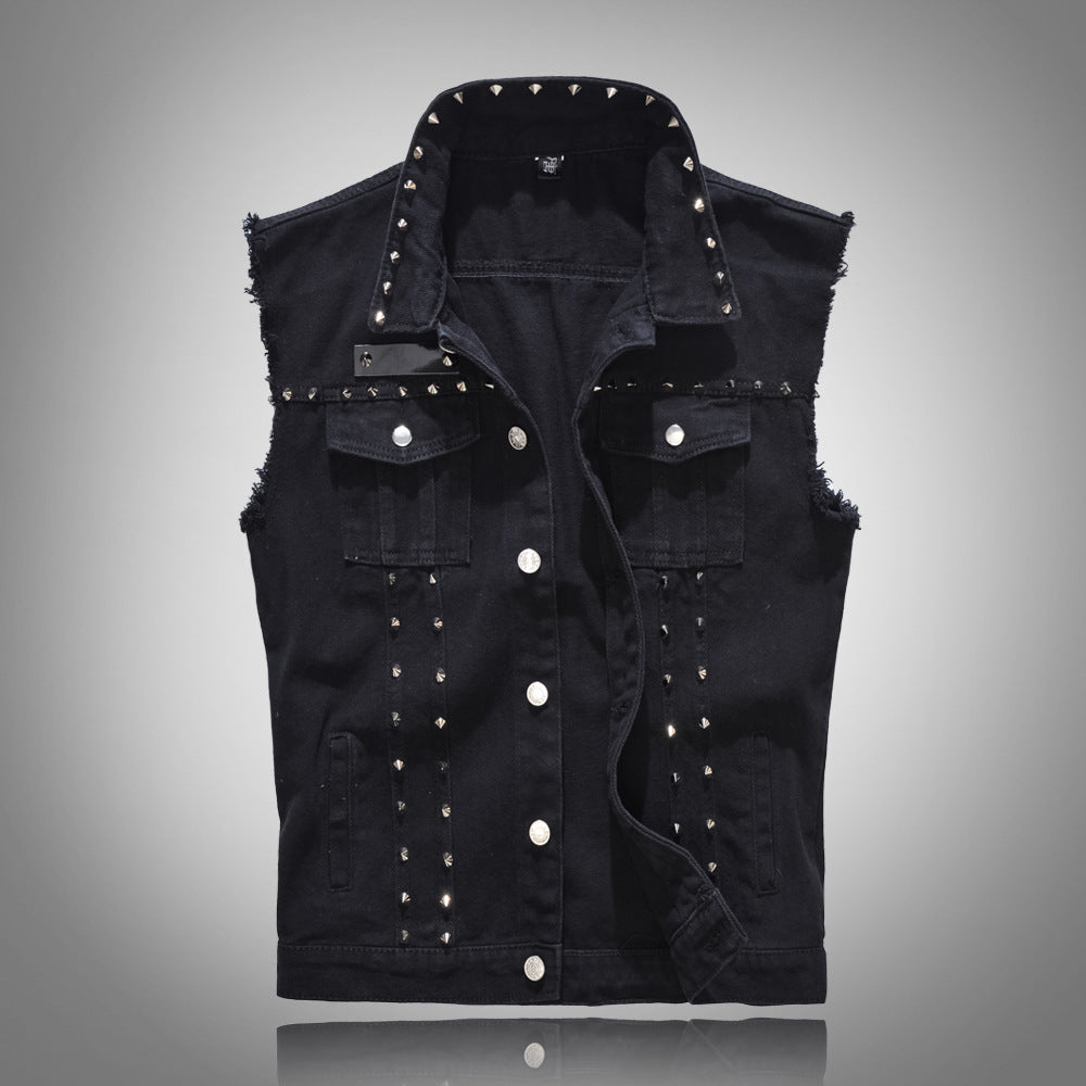 Trendy men's spring/summer autumn black Denim vest trendy cool rivet plus size vest Korean style personalized vest waistcoat