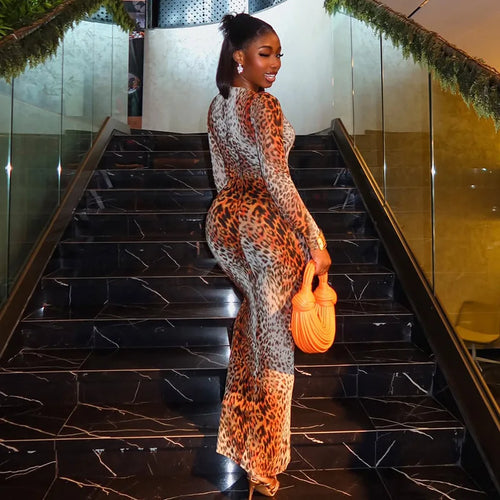 2026 Printed Leopard Print Stretch Halter-top Skirt with Long Sleeves and Fitted Dress in Full Stock
