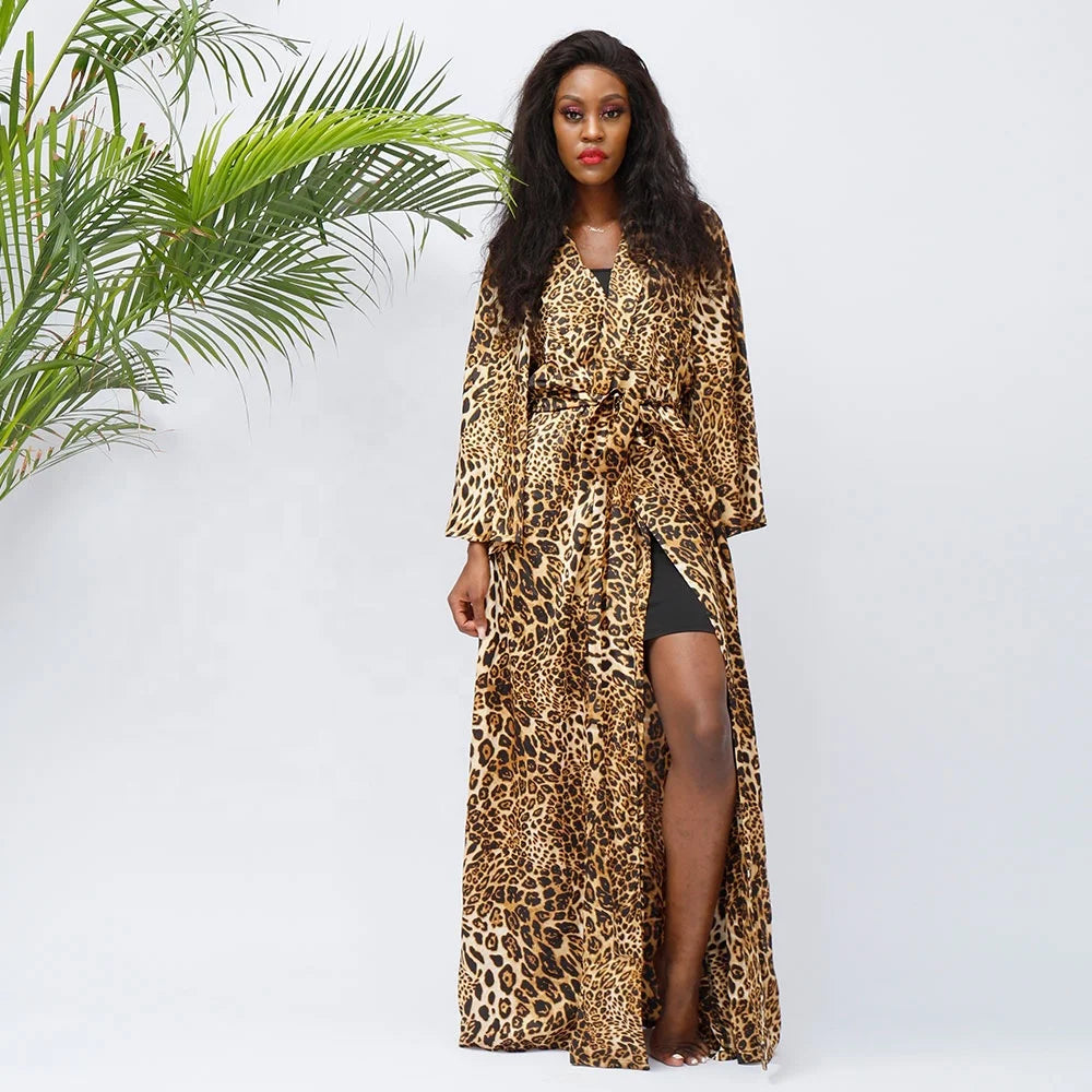 Wild Leopard Print Women Long Kimono Plus Sizes Long Sleeve Sexy Night Robe Factory Wholesale  Maxi Length Night Gowns