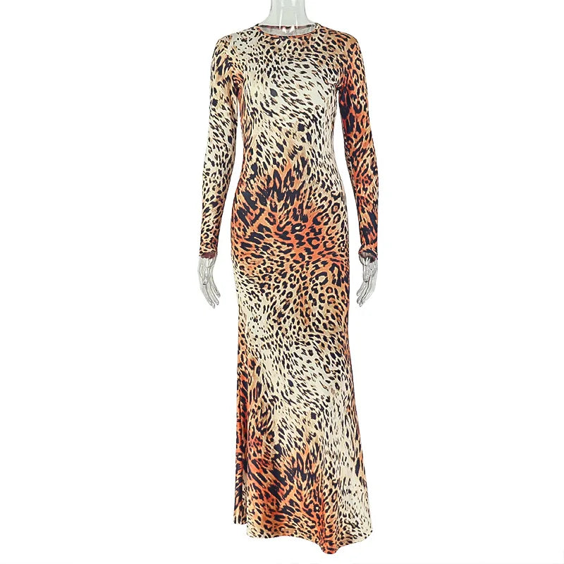 2026 Printed Leopard Print Stretch Halter-top Skirt with Long Sleeves and Fitted Dress in Full Stock