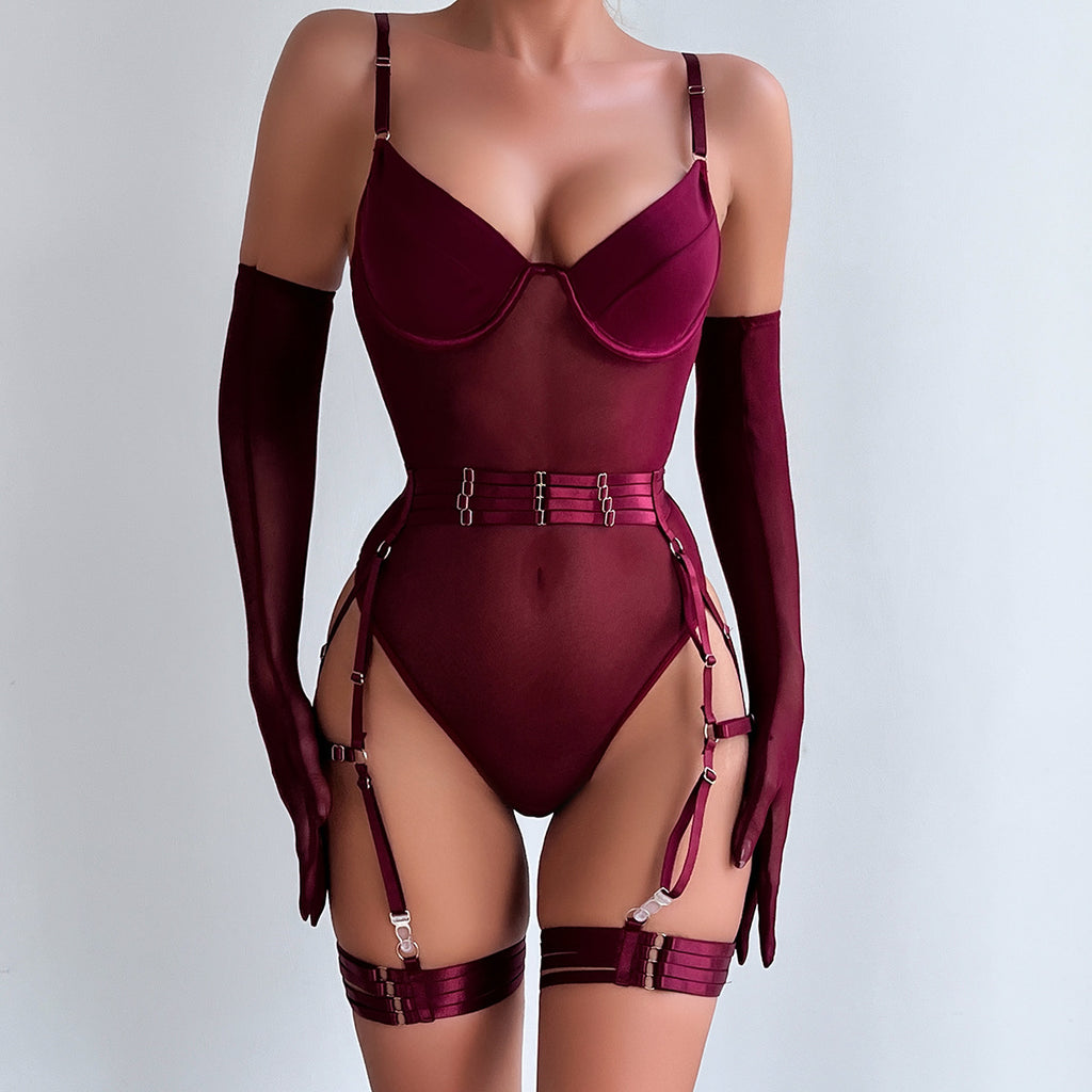 Europe and the United States cross-border AliExpress fully managed hot sexy underwear strap stitching slim fit with gloves three-piece in stock