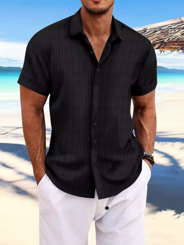 Chemise Homme Lin Rayée Manches Courtes – Casual, Respirante, Style Britannique