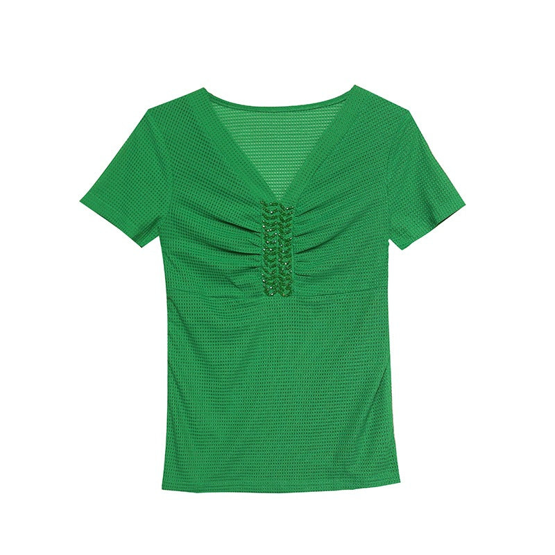 European 2024 Summer New Design Niche V-neck Bead Short-sleeved T-shirt Women's Slim-fit All-match Ins Top