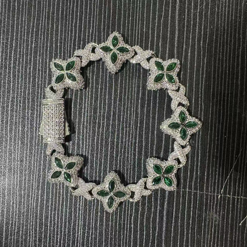 Hip-Hop Rap Chain Infinite Four-Leaf Clover Bracelet Fashionable Trendy Cool Handsome High-End 5A Zircon Colorful Necklace Jewelry