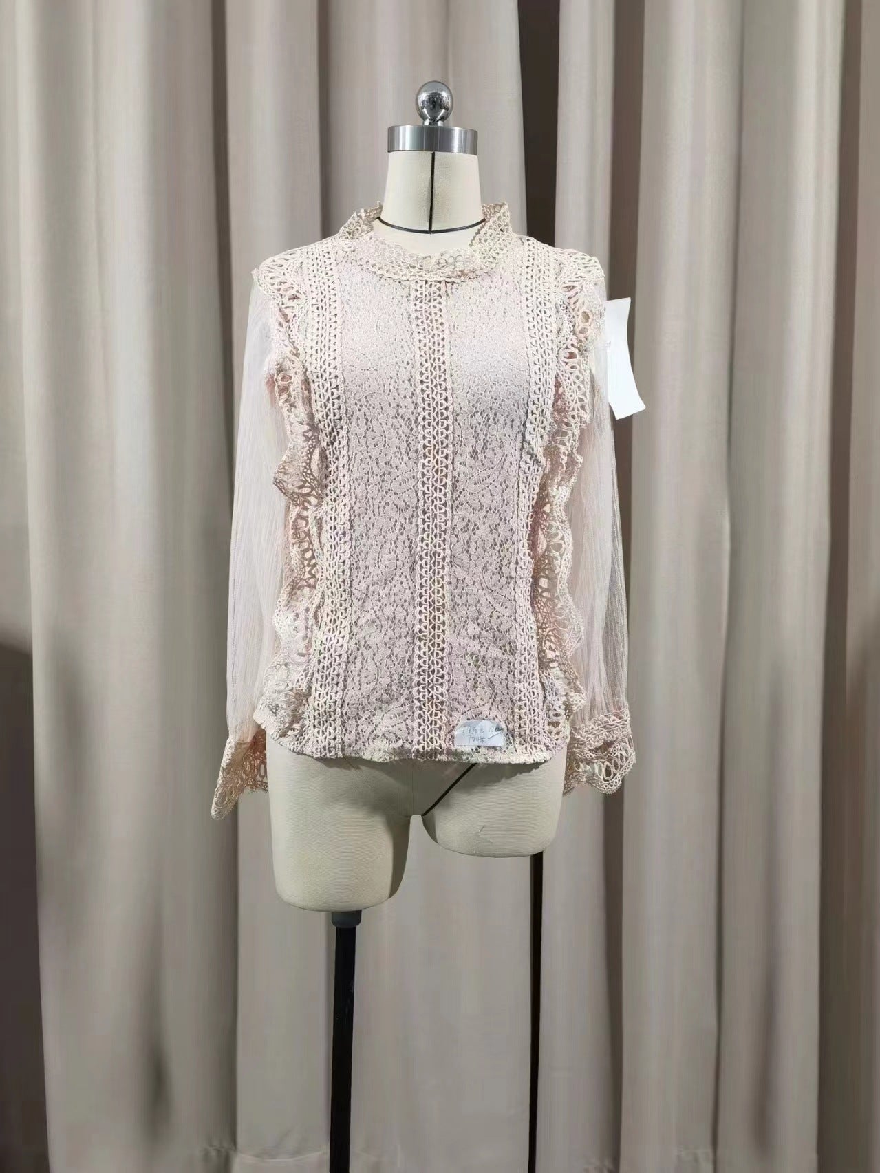 Europe, America and Russia Cross-border Foreign Trade New Elegant Solid Color Mesh Long Sleeve Puff Sleeve Crewneck Top Women's Lace Shirt