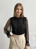 Europe, America and Russia Cross-border Foreign Trade New Elegant Solid Color Mesh Long Sleeve Puff Sleeve Crewneck Top Women's Lace Shirt