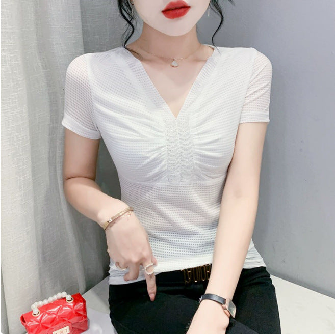 European 2024 Summer New Design Niche V-neck Bead Short-sleeved T-shirt Women's Slim-fit All-match Ins Top