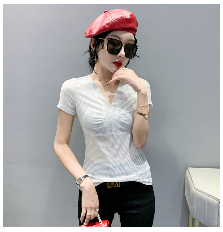 European 2024 Summer New Design Niche V-neck Bead Short-sleeved T-shirt Women's Slim-fit All-match Ins Top