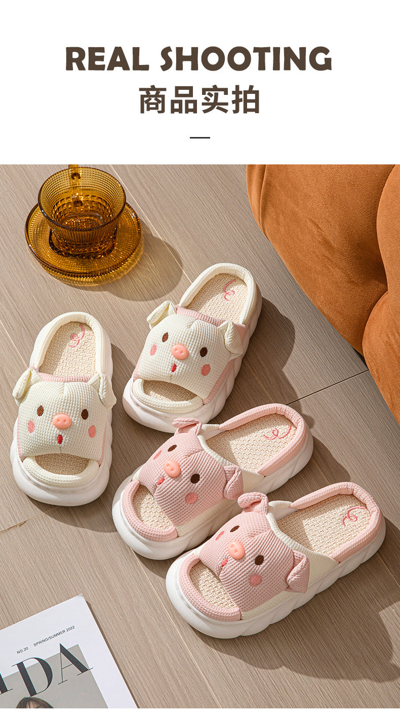 Cross-border Foreign Trade Tail Pig Cute Men and Women Couple Universal Open Toe Linen Cotton Linen Slippers