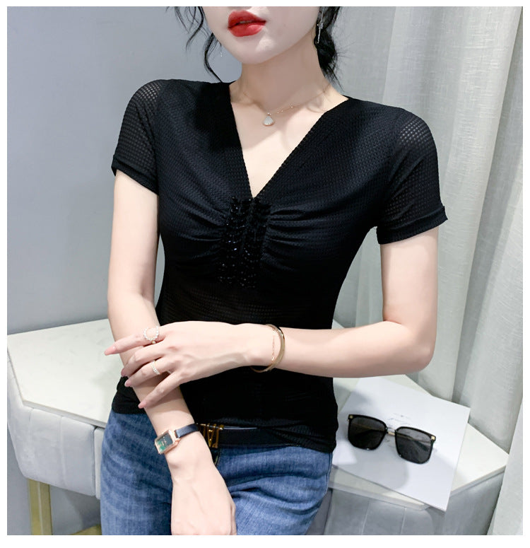 European 2024 Summer New Design Niche V-neck Bead Short-sleeved T-shirt Women's Slim-fit All-match Ins Top