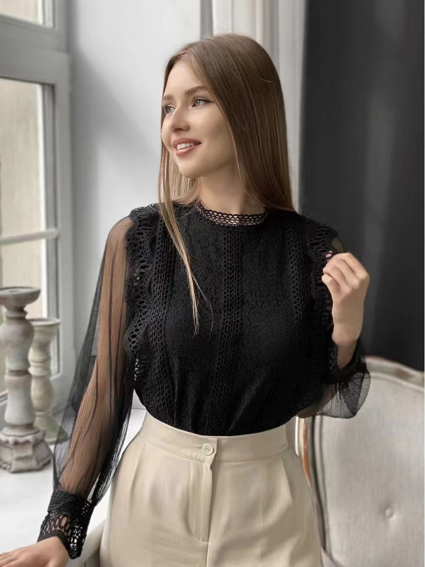 Europe, America and Russia Cross-border Foreign Trade New Elegant Solid Color Mesh Long Sleeve Puff Sleeve Crewneck Top Women's Lace Shirt
