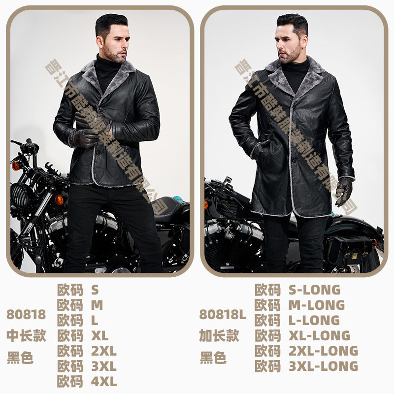 Men's Mid-Length Leather Jacket for Middle-Aged and Elderly People in Autumn and Winter Business European Size Plus Velvet Large Lapel Suit Leather Plush Jacket for Men