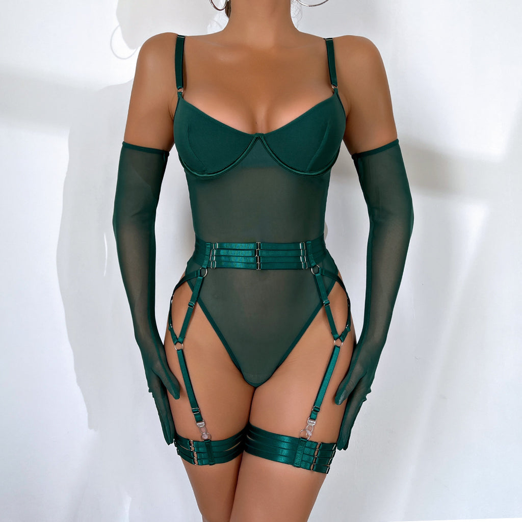 Lingerie Sexy Trois Pièces Dentelle avec Gants – Bralette, Culotte & Gants