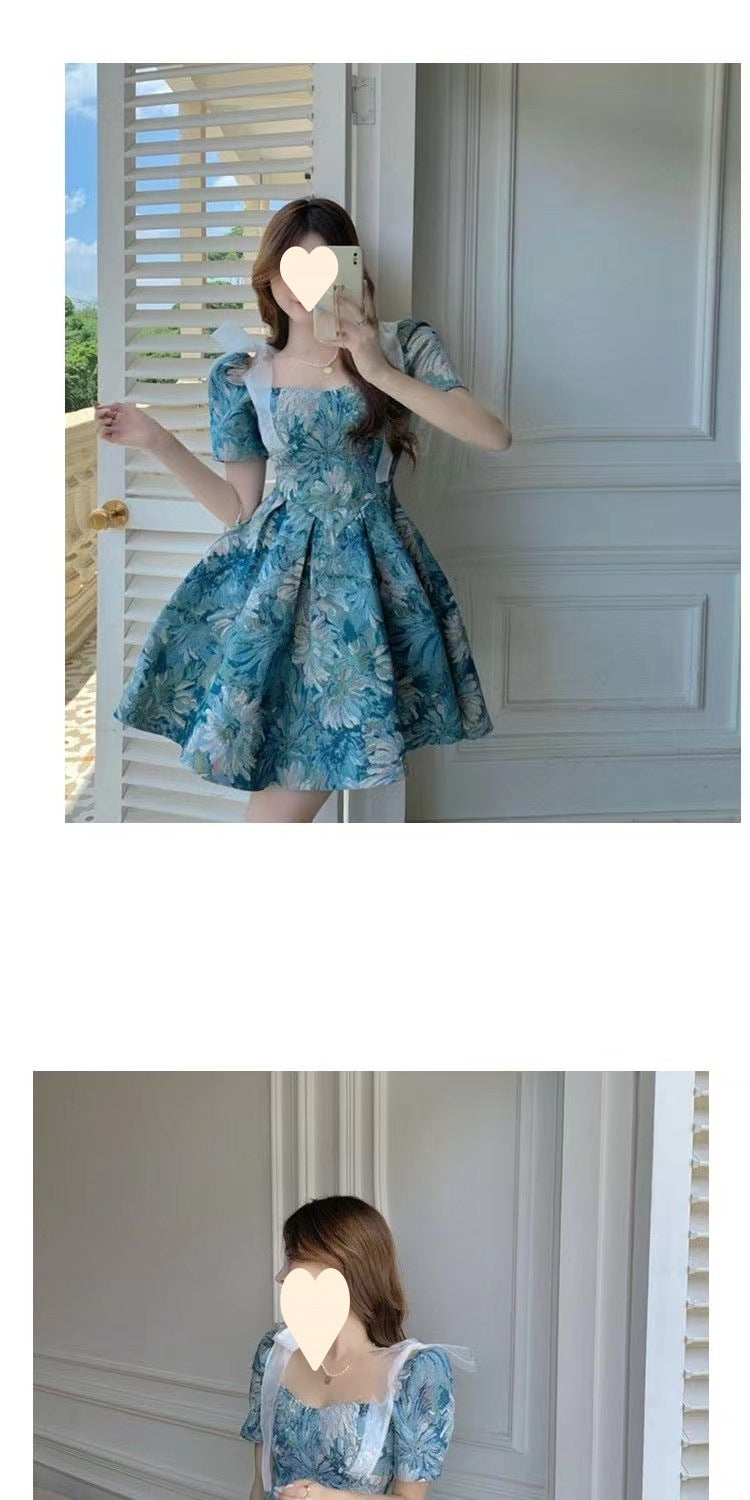 Floral dress Women's Summer French Style Elegant Short Waisted Skirt Niche Tutu Skirt Design Sense Sweet Puff Sleeve Skirt