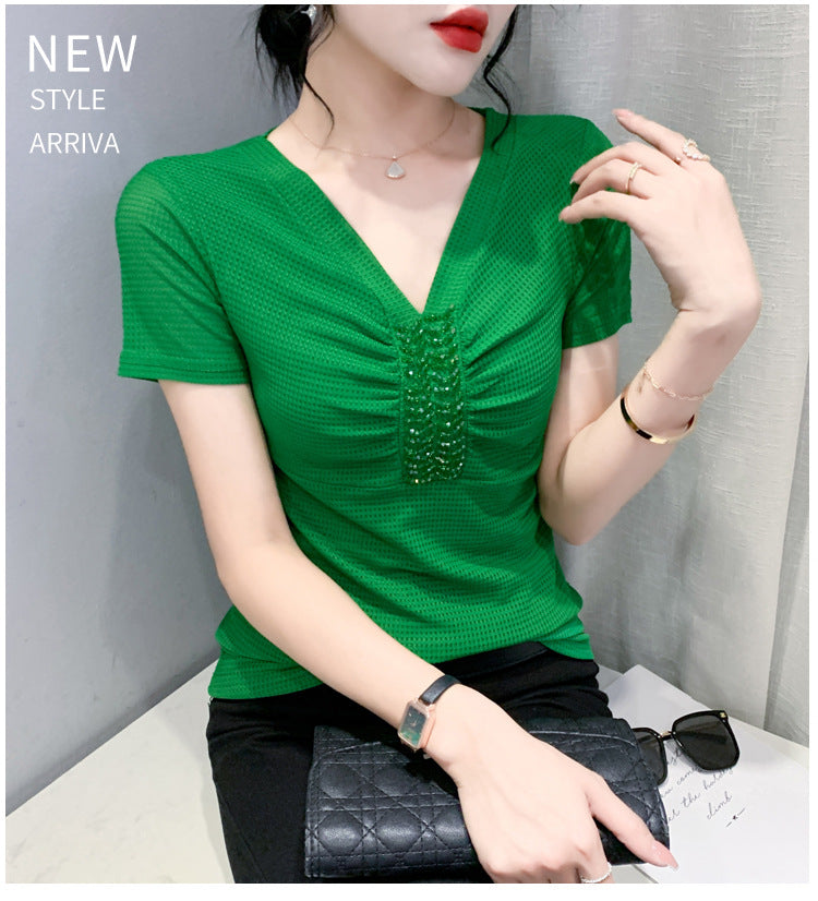 European 2024 Summer New Design Niche V-neck Bead Short-sleeved T-shirt Women's Slim-fit All-match Ins Top