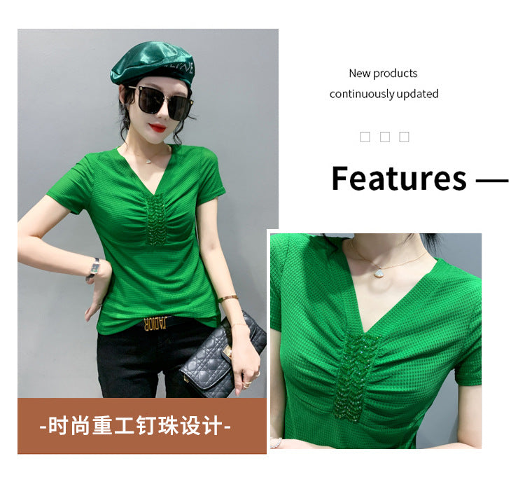 European 2024 Summer New Design Niche V-neck Bead Short-sleeved T-shirt Women's Slim-fit All-match Ins Top