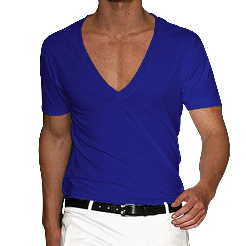 2025 Independent Station European and American Men's Short-Sleeved V Neck T-Shirt Amazon Men's Slim Pure Color Casual T-Shirt Short-Sleeved Men