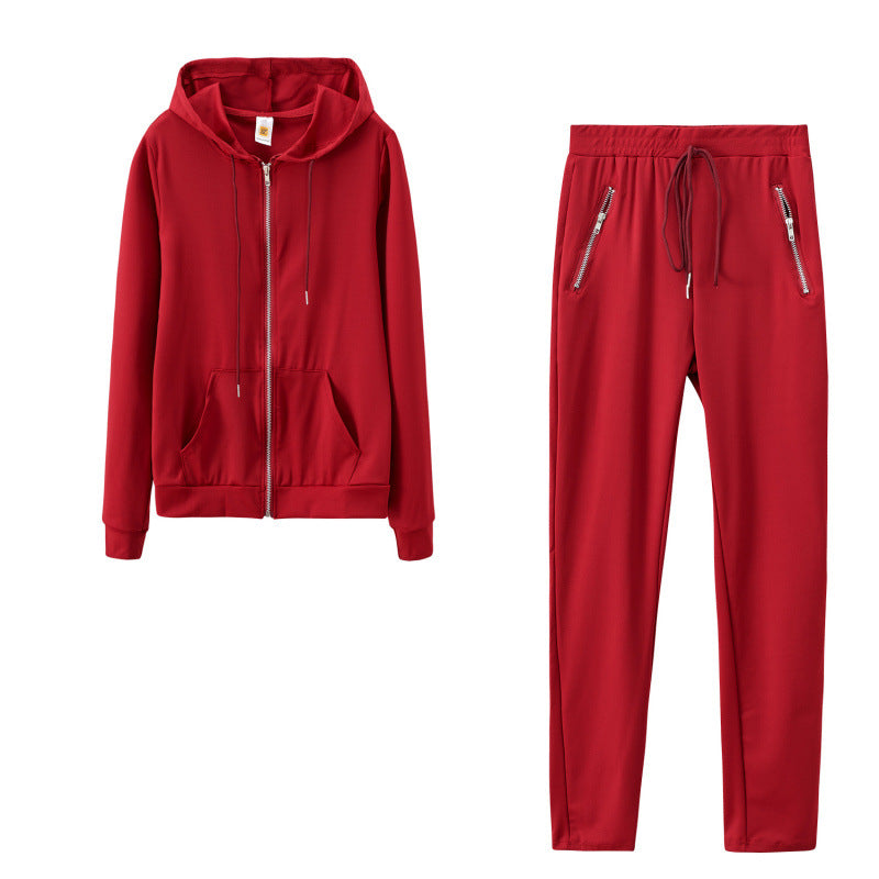 2024 cross-border autumn and winter European and American women's fashion sports leisure solid color suit personality zipper pocket two-piece set
