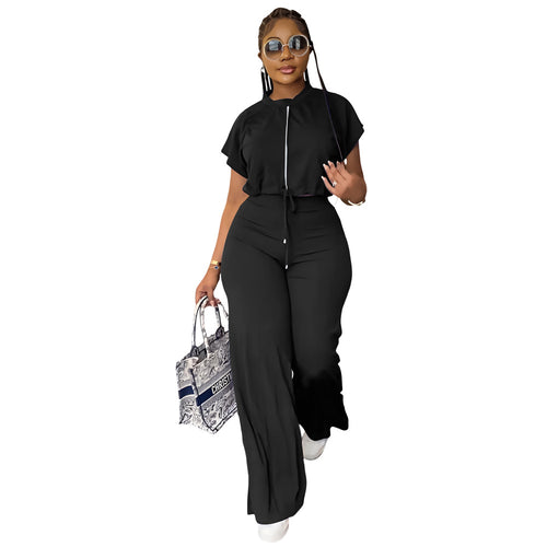 10163 cross-border European and American Amazon summer drawstring short top high waist split women's trousers fashion two-piece suit