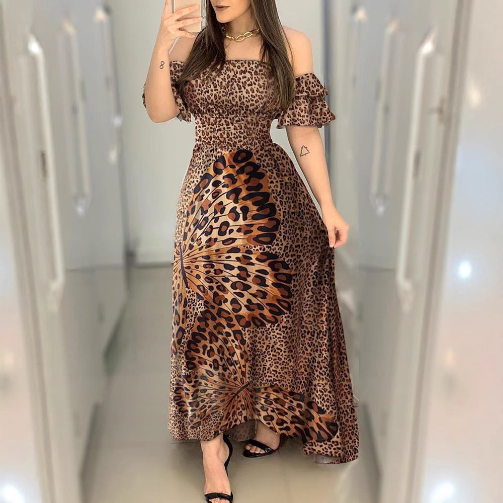 European and American dress off-shoulder wrapped chest butterfly printed waist large pendulum evening dress lotus leaf sleeve Amazon dress wholesale
