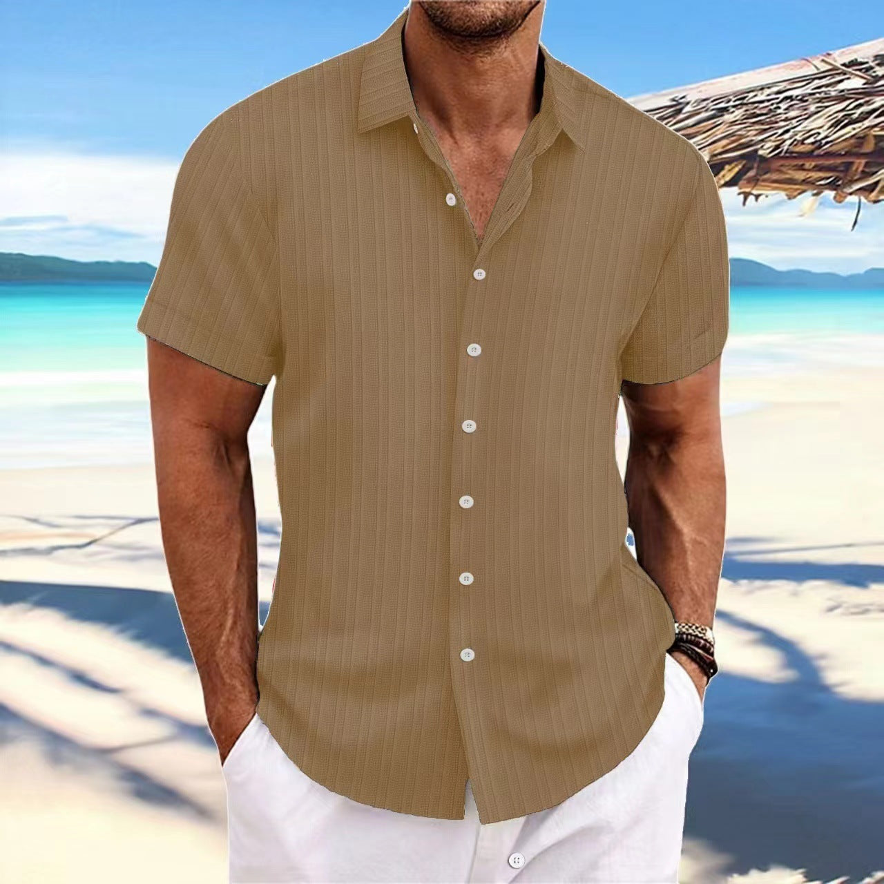 Chemise Homme Lin Rayée Manches Courtes – Casual, Respirante, Style Britannique