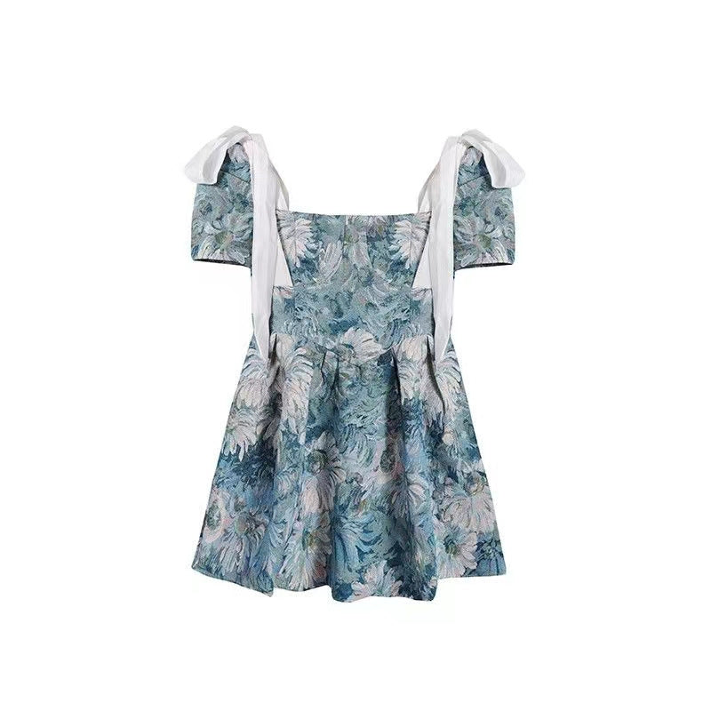 Floral dress Women's Summer French Style Elegant Short Waisted Skirt Niche Tutu Skirt Design Sense Sweet Puff Sleeve Skirt