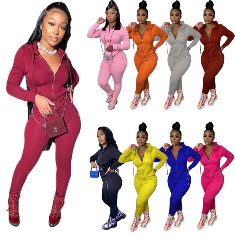 2024 cross-border autumn and winter European and American women's fashion sports leisure solid color suit personality zipper pocket two-piece set