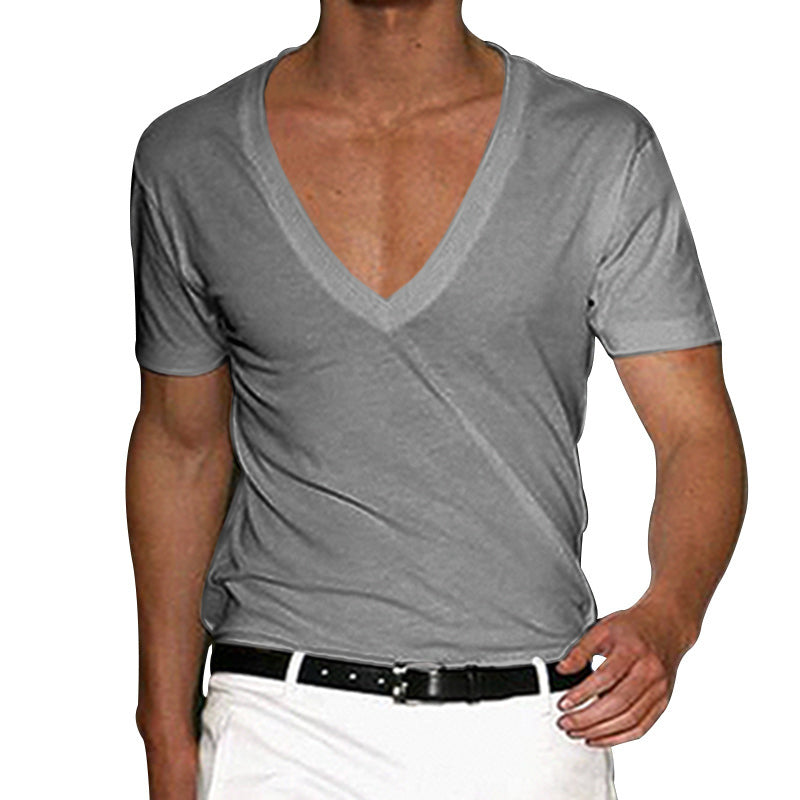 2025 Independent Station European and American Men's Short-Sleeved V Neck T-Shirt Amazon Men's Slim Pure Color Casual T-Shirt Short-Sleeved Men