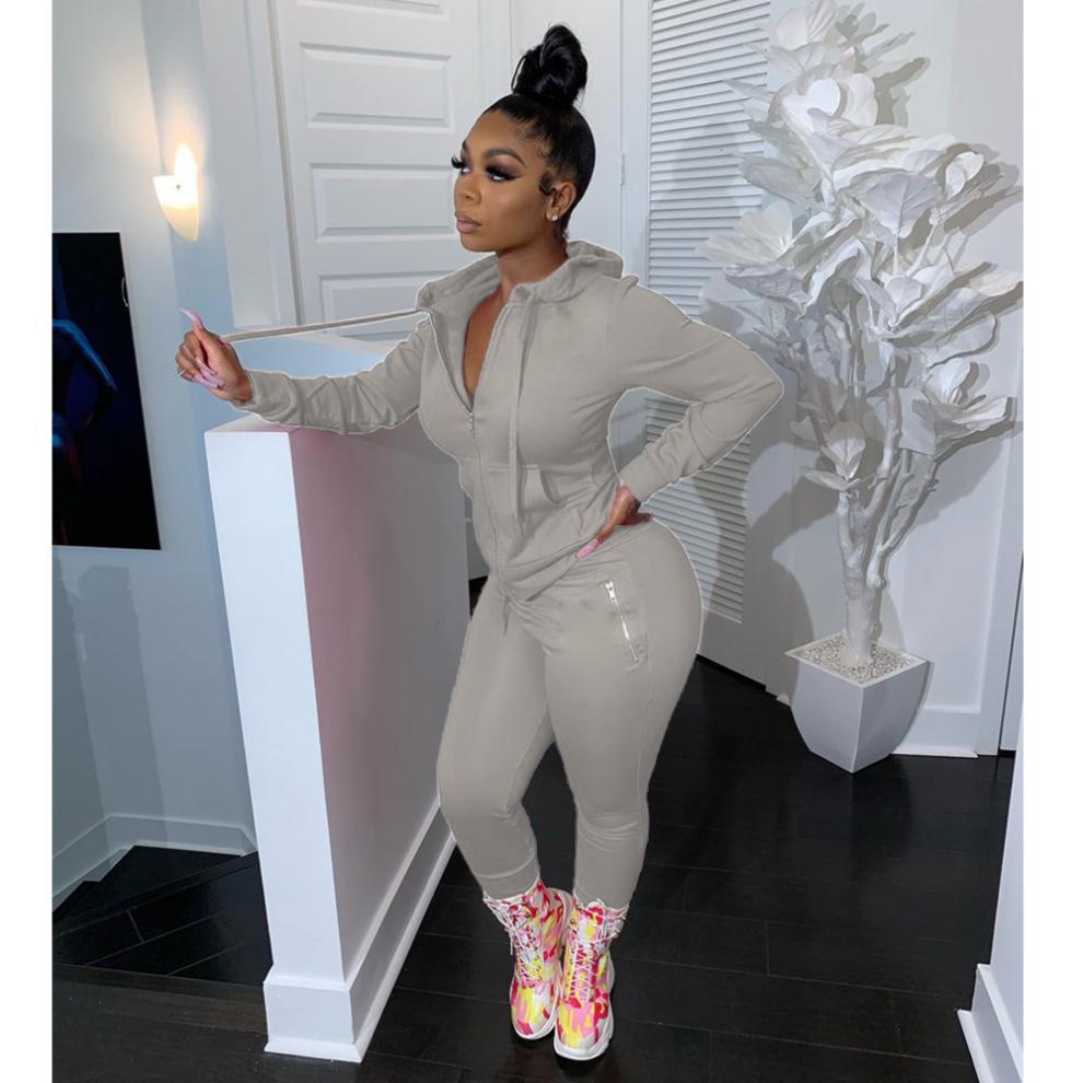 2024 cross-border autumn and winter European and American women's fashion sports leisure solid color suit personality zipper pocket two-piece set