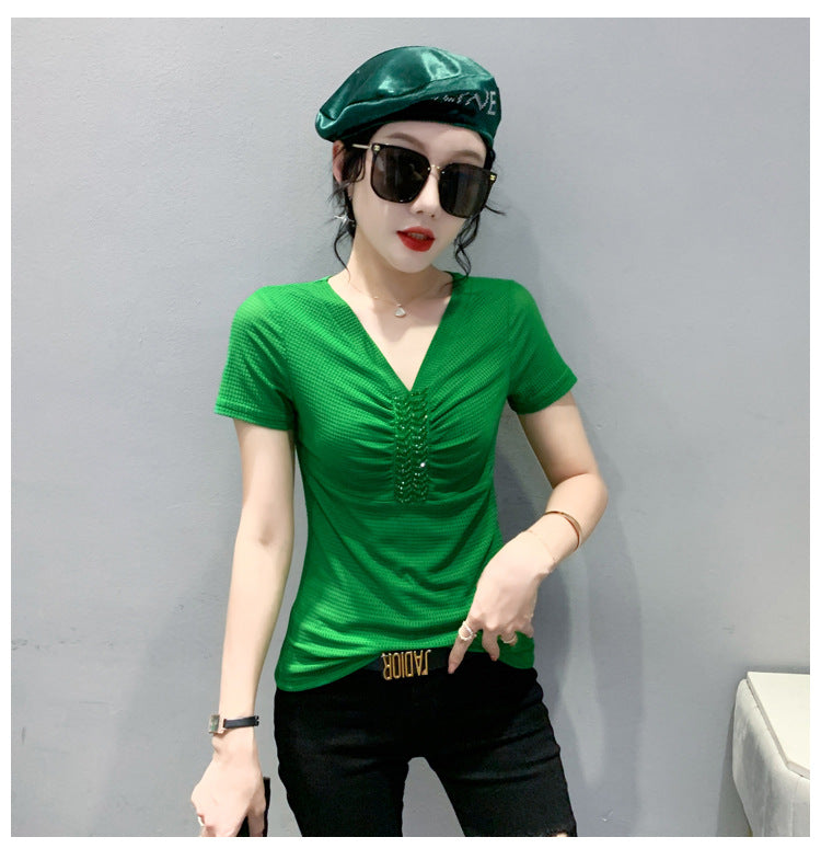 European 2024 Summer New Design Niche V-neck Bead Short-sleeved T-shirt Women's Slim-fit All-match Ins Top