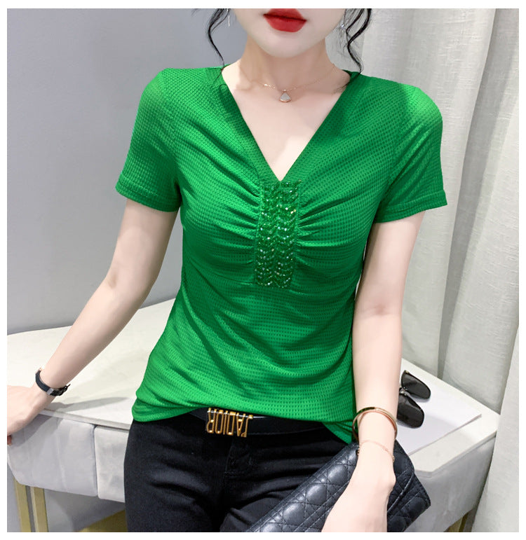 European 2024 Summer New Design Niche V-neck Bead Short-sleeved T-shirt Women's Slim-fit All-match Ins Top