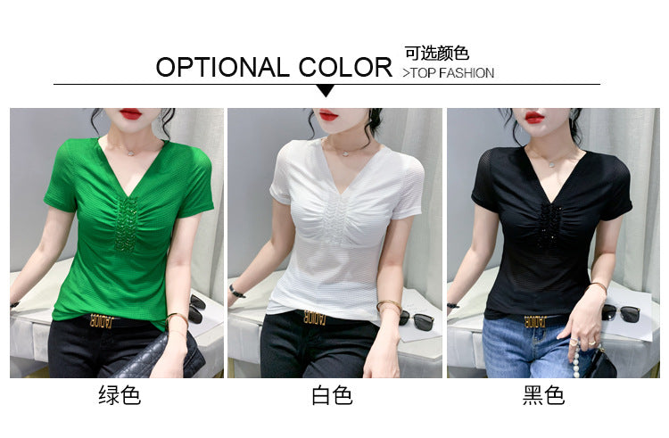 European 2024 Summer New Design Niche V-neck Bead Short-sleeved T-shirt Women's Slim-fit All-match Ins Top