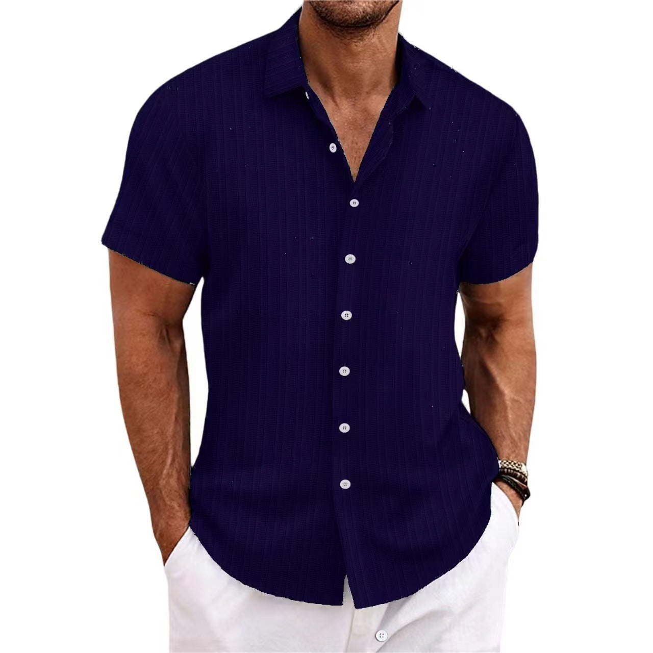 Chemise Homme Lin Rayée Manches Courtes – Casual, Respirante, Style Britannique