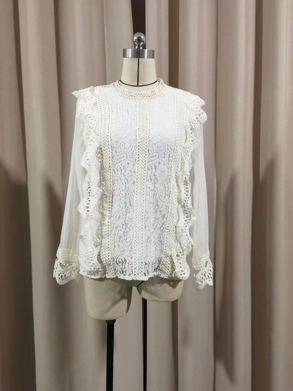 Europe, America and Russia Cross-border Foreign Trade New Elegant Solid Color Mesh Long Sleeve Puff Sleeve Crewneck Top Women's Lace Shirt
