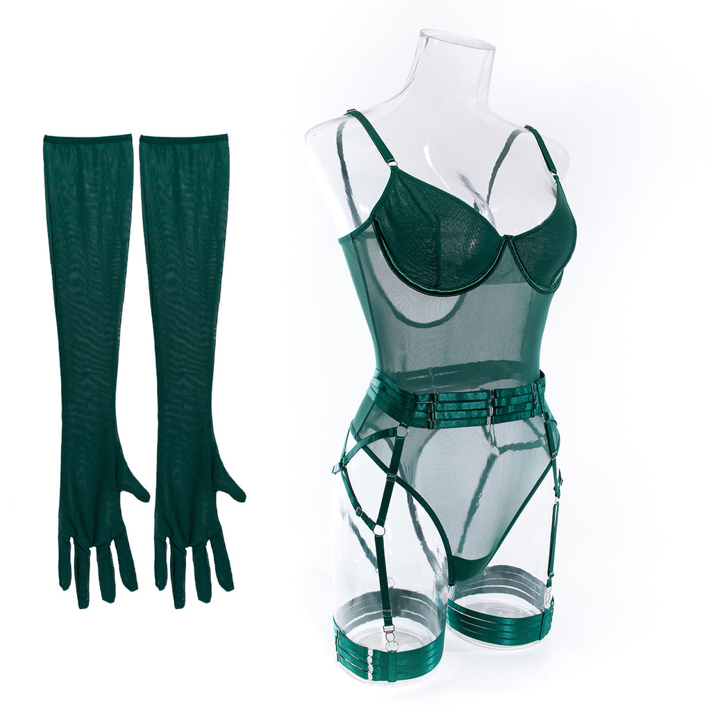 Lingerie Sexy Trois Pièces Dentelle avec Gants – Bralette, Culotte & Gants