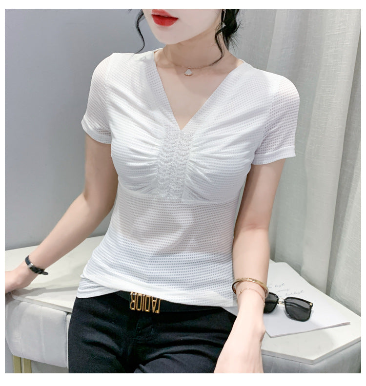 European 2024 Summer New Design Niche V-neck Bead Short-sleeved T-shirt Women's Slim-fit All-match Ins Top