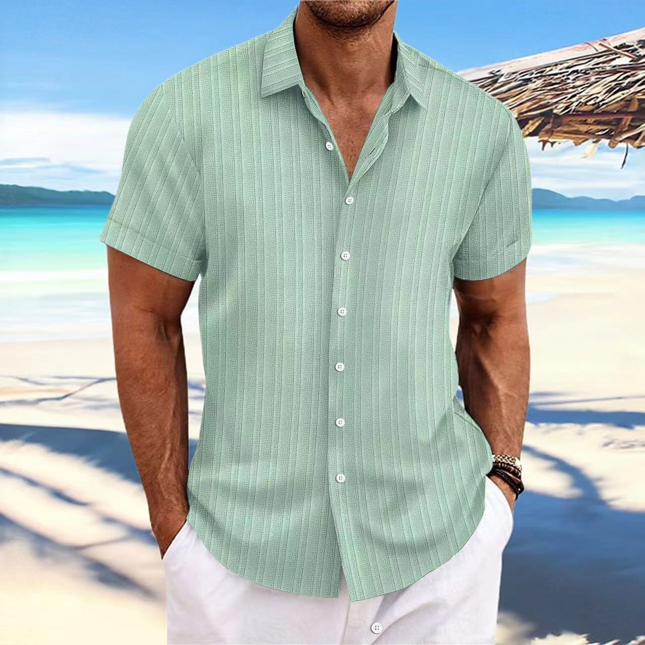 Chemise Homme Lin Rayée Manches Courtes – Casual, Respirante, Style Britannique