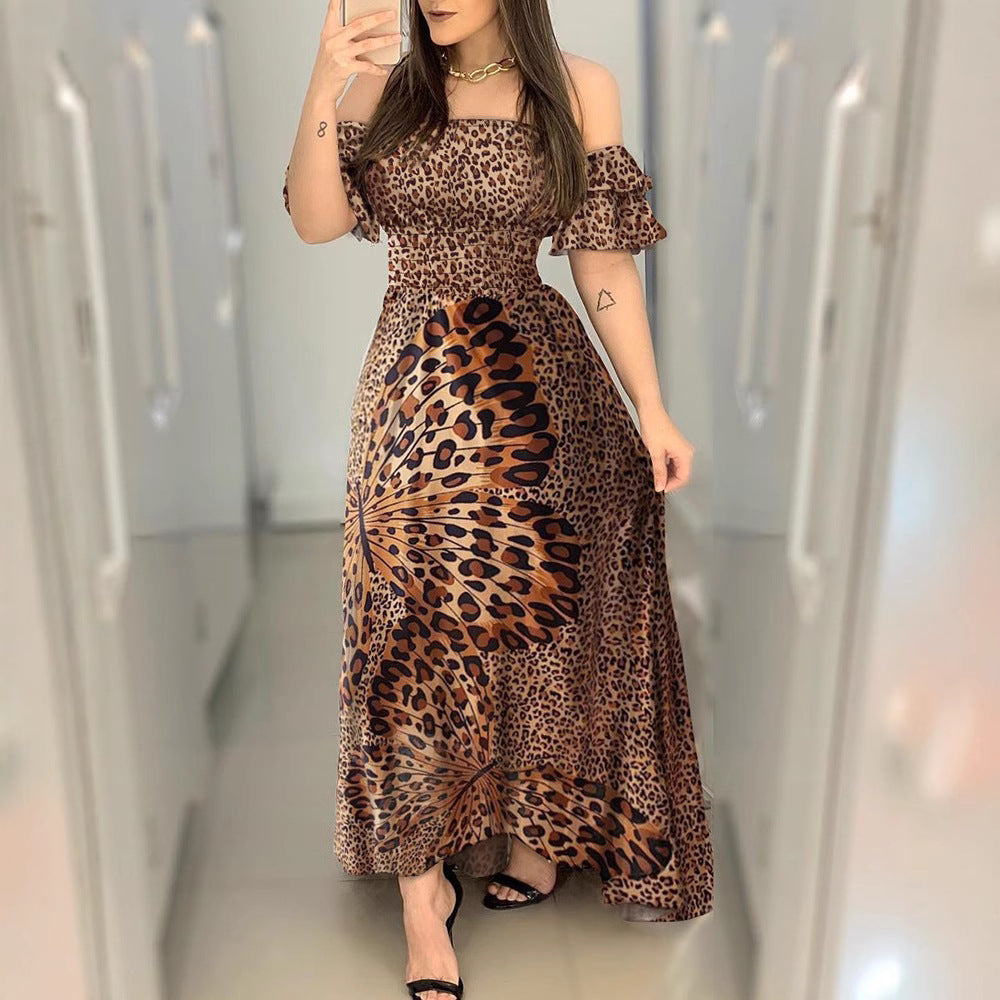 European and American dress off-shoulder wrapped chest butterfly printed waist large pendulum evening dress lotus leaf sleeve Amazon dress wholesale