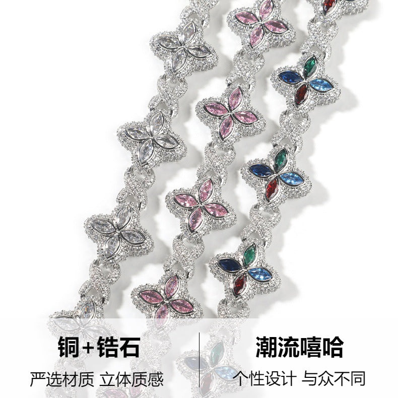 Hip-Hop Rap Chain Infinite Four-Leaf Clover Bracelet Fashionable Trendy Cool Handsome High-End 5A Zircon Colorful Necklace Jewelry