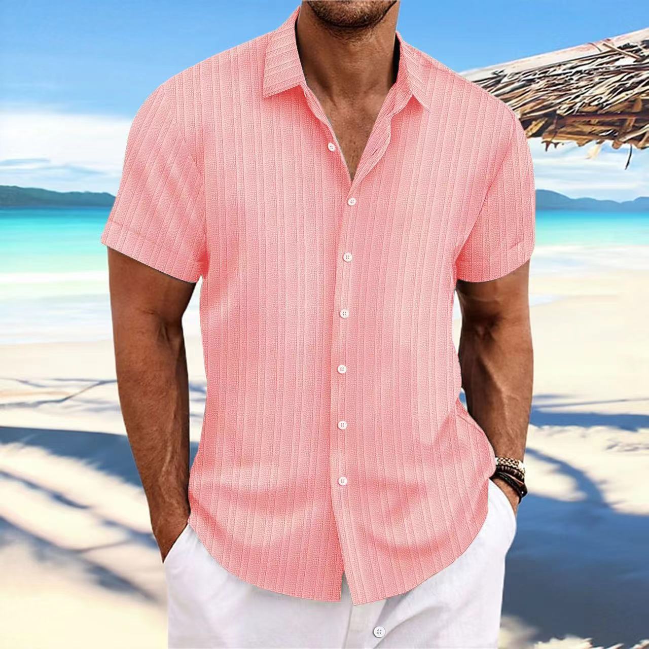 Chemise Homme Lin Rayée Manches Courtes – Casual, Respirante, Style Britannique