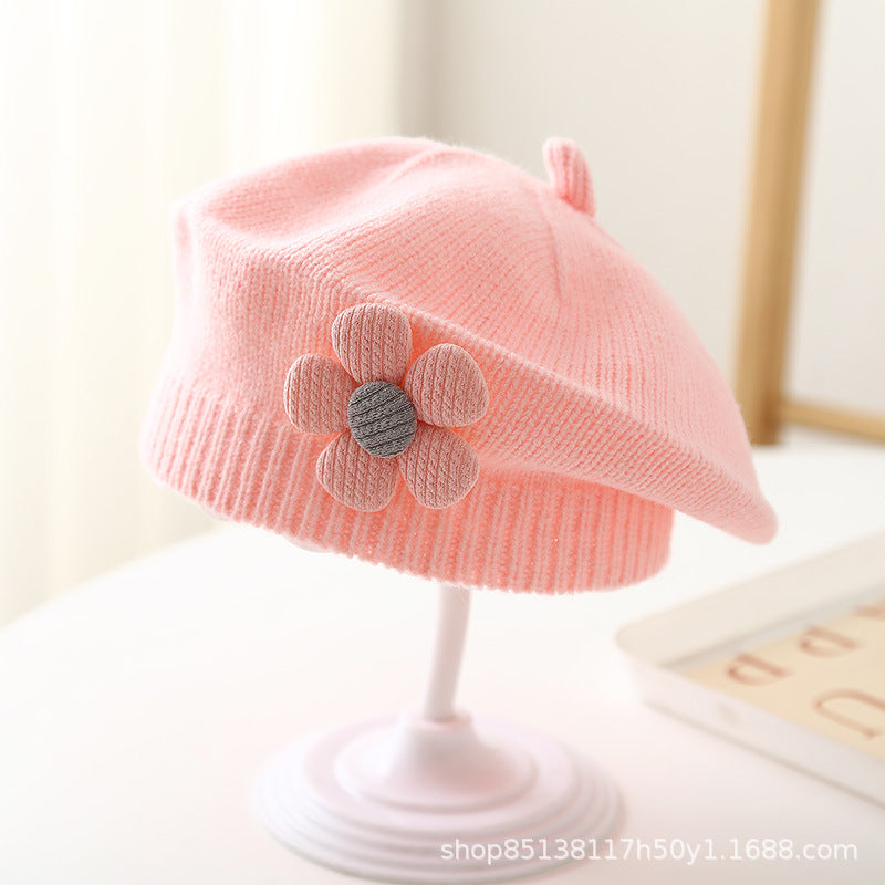 Baby hat autumn and winter baby girls' cute flower beret children's wool hat girls' knitted painter hat fashion