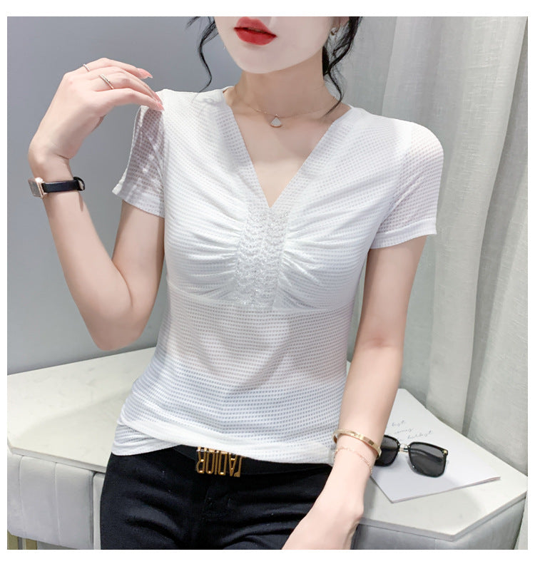 European 2024 Summer New Design Niche V-neck Bead Short-sleeved T-shirt Women's Slim-fit All-match Ins Top
